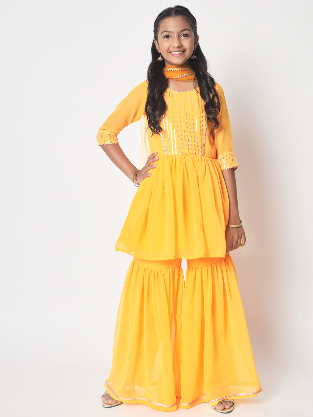 Buy Kotta printed cotton silk peach Kurti Sharara with Dupatta set for  girls Online